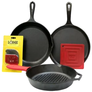 Juego 6 piezas plancha sartén hierro fundido Lodge