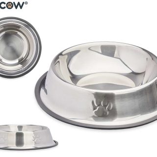 Comedero Mascota Metálico 26cm Huellas Goma Mascow