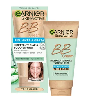 Garnier SkinActive BB Cream Matificante para Pieles Mixtas a Grasas Tono Claro. Hidratante Todo en Uno con Color con SPF 25