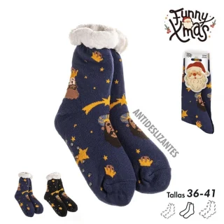 Calcetines Woman Talla 36-41 Antideslizantes Reyes Magos Borreguito Sherpa Negro/Azul